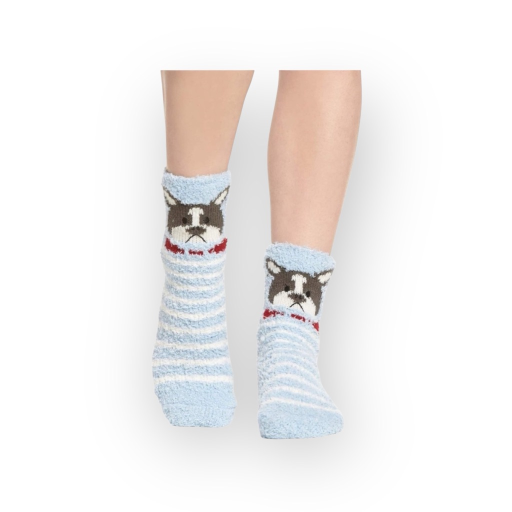 New Pj Salvage Frenchie Dog Plush Super Soft Butter Socks Blue Stripe